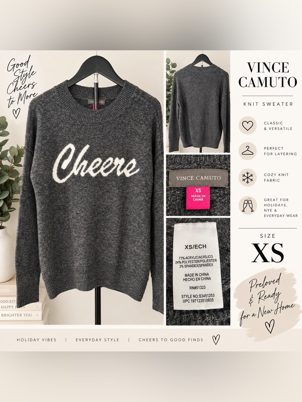 Vince Camuto Gray Crewneck Sweater with White "Cheers" Script